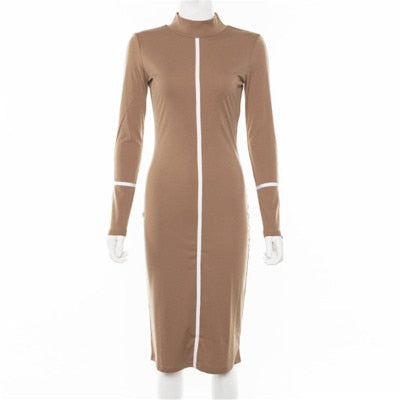 Simenual Casual Bodycon Women Long Dress Fashion Full Sleeve Striped Patchwork Dresses Fashion Turtleneck Ladies Skinny Dresses