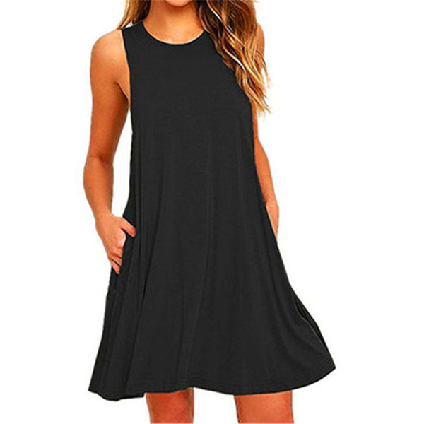 Summer Cotton Dress Women Sleeveless Beach Black Dress Casual Pocket Loose Dress Female Plus Size Dress Fashion Clothing