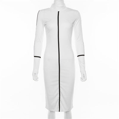 Simenual Casual Bodycon Women Long Dress Fashion Full Sleeve Striped Patchwork  Dresses Fashion Turtleneck Ladies Skinny Dresses