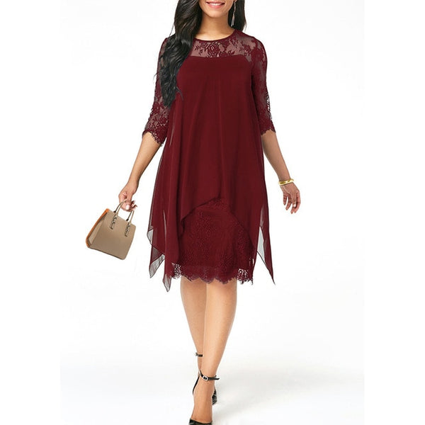 2019 Newest Women's Fashion Casual Loose Half Sleeve Elegant dress Round Neck Solid Color Big Size Lace dress 15 colors 2XS-5XL