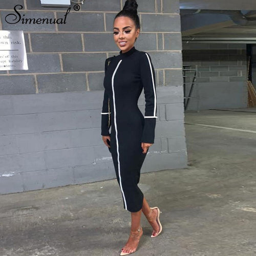 Simenual Casual Bodycon Women Long Dress Fashion Full Sleeve Striped Patchwork  Dresses Fashion Turtleneck Ladies Skinny Dresses