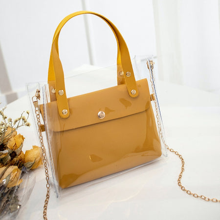 Women Crossbody Messenger Shoulder Bag PU Plastic Transparent Outer Small Beach Hasp Buckle Tote Chain Handbag Purse Laser Purse
