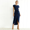 ELSVIOS 6 Colors Boho Split Long Dress Fashion Women O-Neck Maxi Dress Summer Short Sleeve Solid Dress With Belt Vestidos XS-3XL