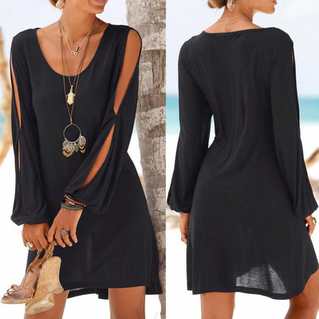 new Girls White Summer Bohemian Mini Dress Women Fashion Spring Solid White Mini Lace Casual Clothes V-neck Long Sleeve Dresses