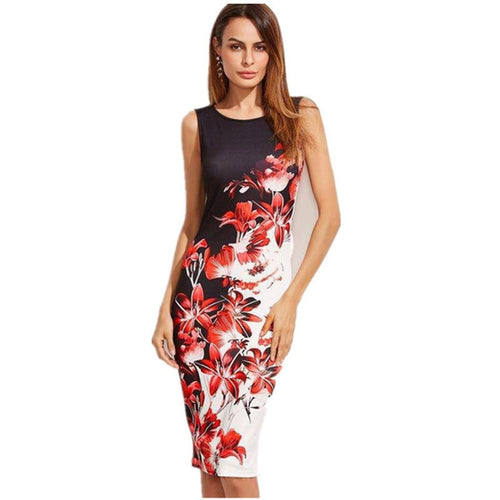 5XL Large Sizes 2019 Summer Fashion Sleeveless Print Dress Slim Bodycon Pencil Midi Office Dress Robe Plus Size Women Clothing