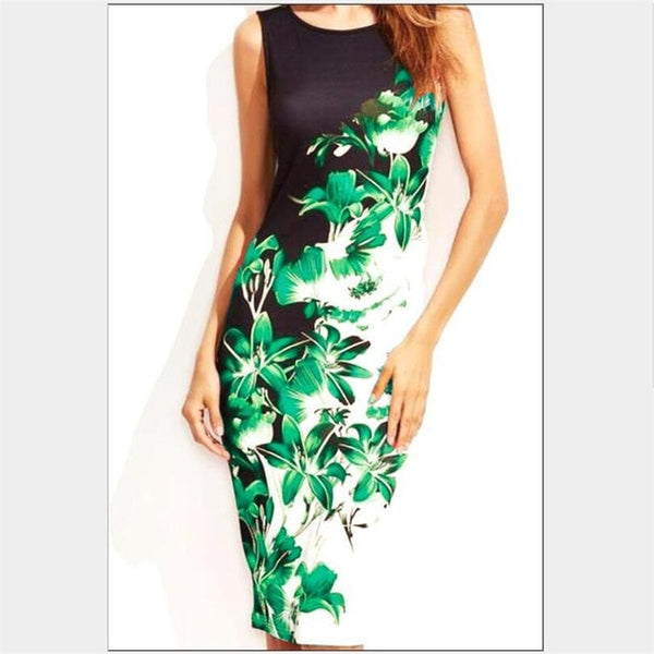 5XL Large Sizes 2019 Summer Fashion Sleeveless Print Dress Slim Bodycon Pencil Midi Office Dress Robe Plus Size Women Clothing