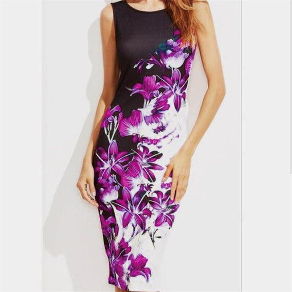 5XL Large Sizes 2019 Summer Fashion Sleeveless Print Dress Slim Bodycon Pencil Midi Office Dress Robe Plus Size Women Clothing