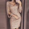 2019 New Fashion Sexy Women V Ncek Solid Sequined Glitter Stitching Shining Club Sheath Long Sleeved Mini Dress For Female