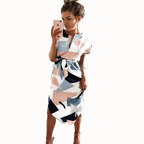 Print Dress 2018 New Fashion Women V-Neck Short Sleeve Summer Dresses Casual Sashes Robe Dress Vestidos