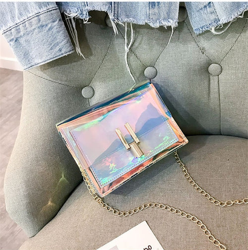 Women Crossbody Messenger Shoulder Bag PU Plastic Transparent Outer Small Beach Hasp Buckle Tote Chain Handbag Purse Laser Purse